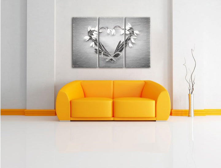 Pixxprint Herz aus Blumen Kunst / 3-Teilig/Gesamtmass 120cm Leinwandbild bespannt auf Holzrahmen/Wan