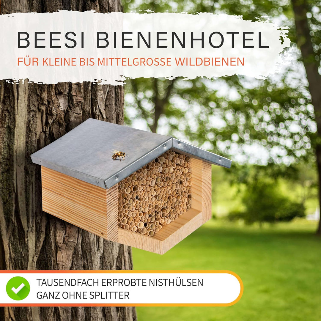 Beesi Bienenhotel mit wetterfestem Metalldach I Bienenhaus mit Schilfröhrchen I Verschiedene Durchme