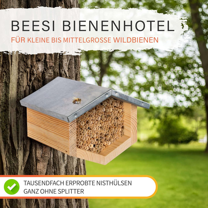 Beesi Bienenhotel mit wetterfestem Metalldach I Bienenhaus mit Schilfröhrchen I Verschiedene Durchme