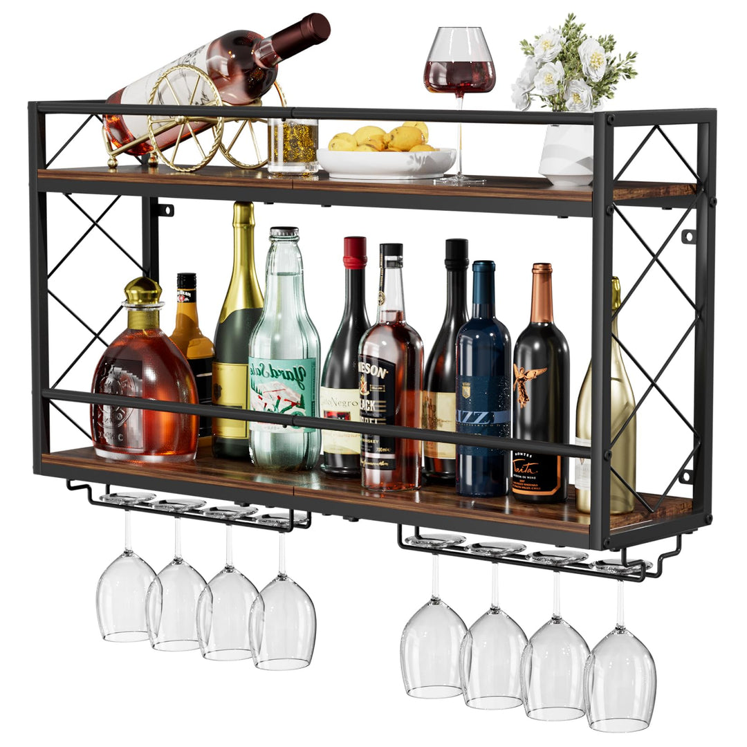 Weinregal, Wandhalterung, 2 Etagen, Wand-Weinregal mit Glashalter, Anti-Drop-Querstange, 80 cm, Meta