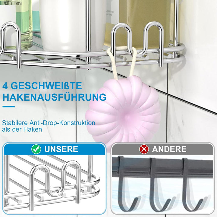 STEUGO Eck-Duschregal, Dusch-Organizer, Eck-Duschregal mit 12 Haken, 3er-Pack selbstklebende Duschre