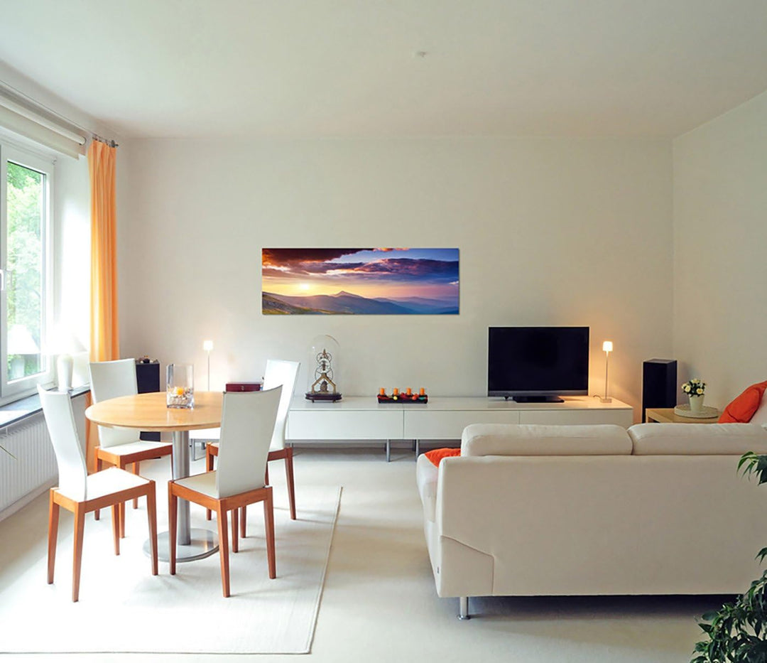 Paul Sinus Art Panoramabild auf Leinwand und Keilrahmen 150x50cm Ukraine Berge Wiese Blumen Abendson