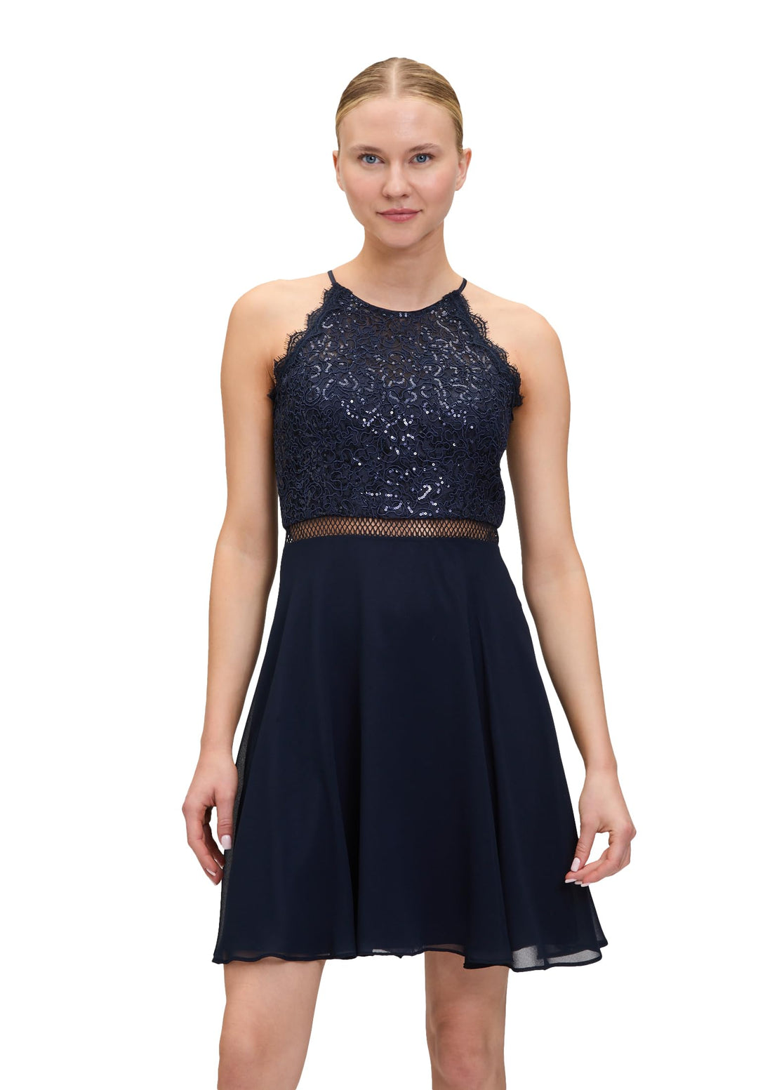 Vera Mont Damen Cocktailkleid mit Spitze 34 Blau, 34 Blau