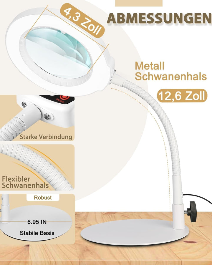 Veemagni 10X Lupe mit Licht und Ständer, 5 Farbmodi stufenlos dimmbare LED beleuchtete Schreibtischl