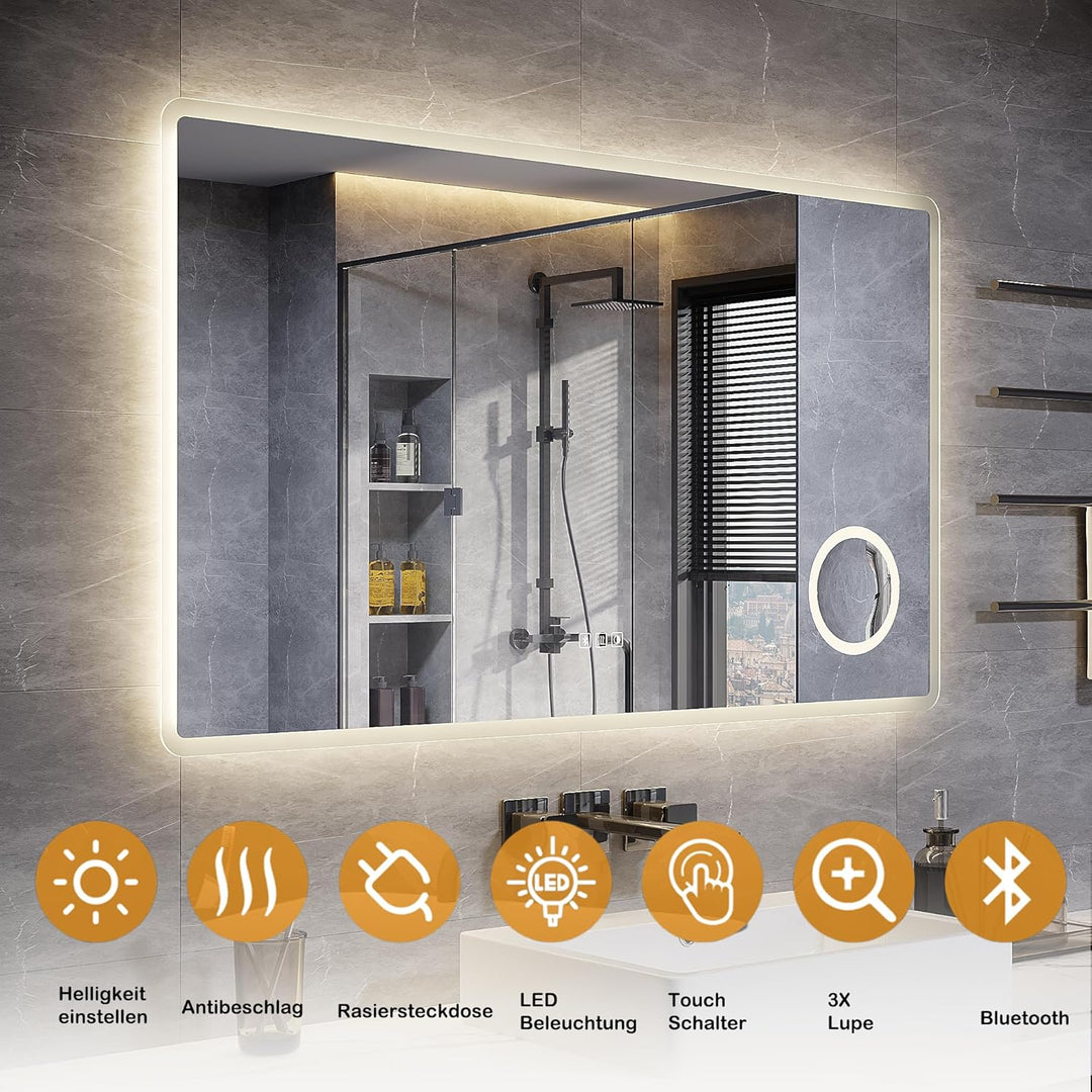 LED Badspiegel 120 x 70 cm Wandspiegel Bad mit Beleuchtung, 3 Farbe modi+Stufenlose Dimmung, Steckdo