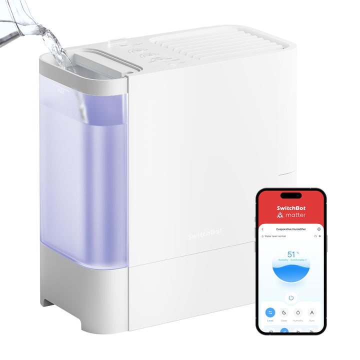 SwitchBot Verdunstungsluftbefeuchter, 750 ml/h, 4,5-L-Tank, ohne Nebel/weissen Staub, Top-Fill, wasc