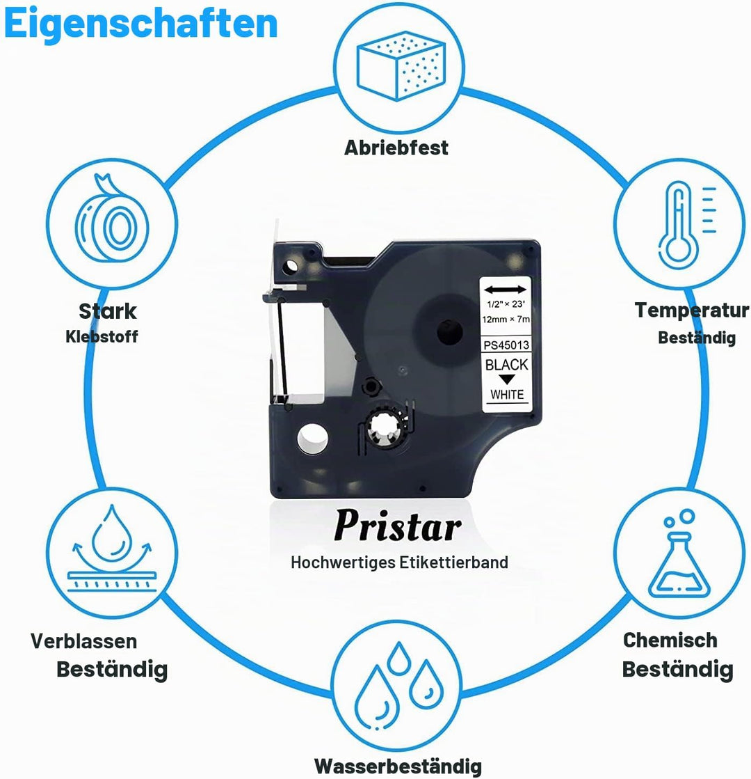 Pristar 12mm Kompatibel Schriftband für D1 45013 S0720530 1/2 Schwarz auf Weiss für LabelManager 160