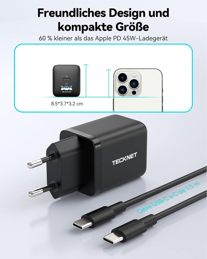 TECKNET 45W USB C ladegerät, 2-Port (1 USB C+1 USB) GAN Ⅲ Netzteil mit einen USB C auf USB C Ladekab