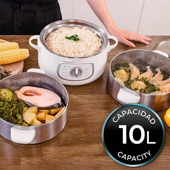 Cecotec Elektrischer Dampfgarer Vapovita Steelpot Weiss. Leistung 1300W, Edelstahlbehälter, 10L, ein