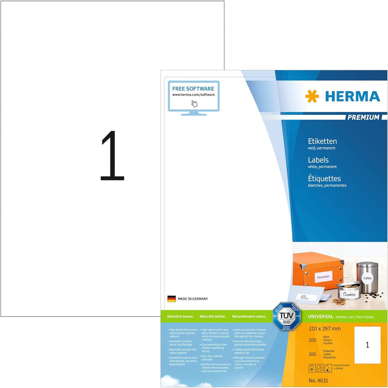 HERMA 4631 Universal Etiketten, 200 Blatt, 210 x 297 mm, 1 Stück pro A4 Bogen, 200 Aufkleber, selbst