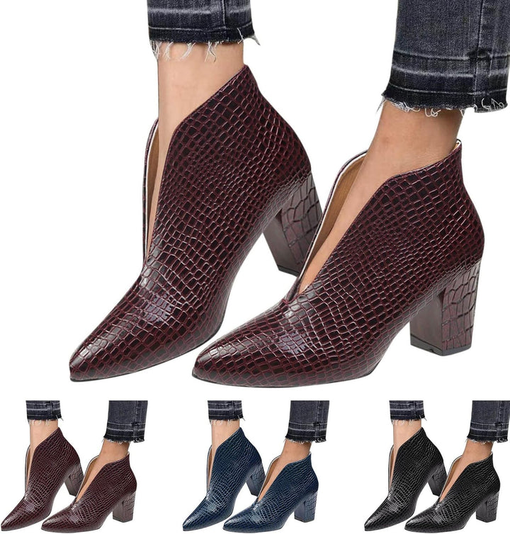 Stiefeletten Damen, Stiefeletten mit Absatz Blockabsatz Kurzschaft Schlangenhaut Winterstiefel Elega
