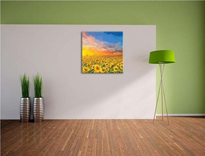 Pixxprint Sonnenblumenfeld / 70x70cm Leinwandbild bespannt auf Holzrahmen/Wandbild Kunstdruck Dekora