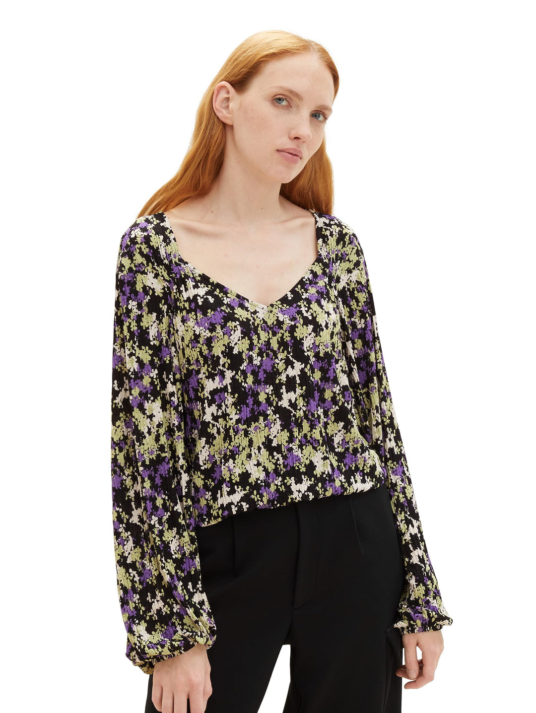 TOM TAILOR Denim Damen Denim T-Shirt Bluse mit Muster XS 32418 - Lilac Green Flower Print, XS 32418