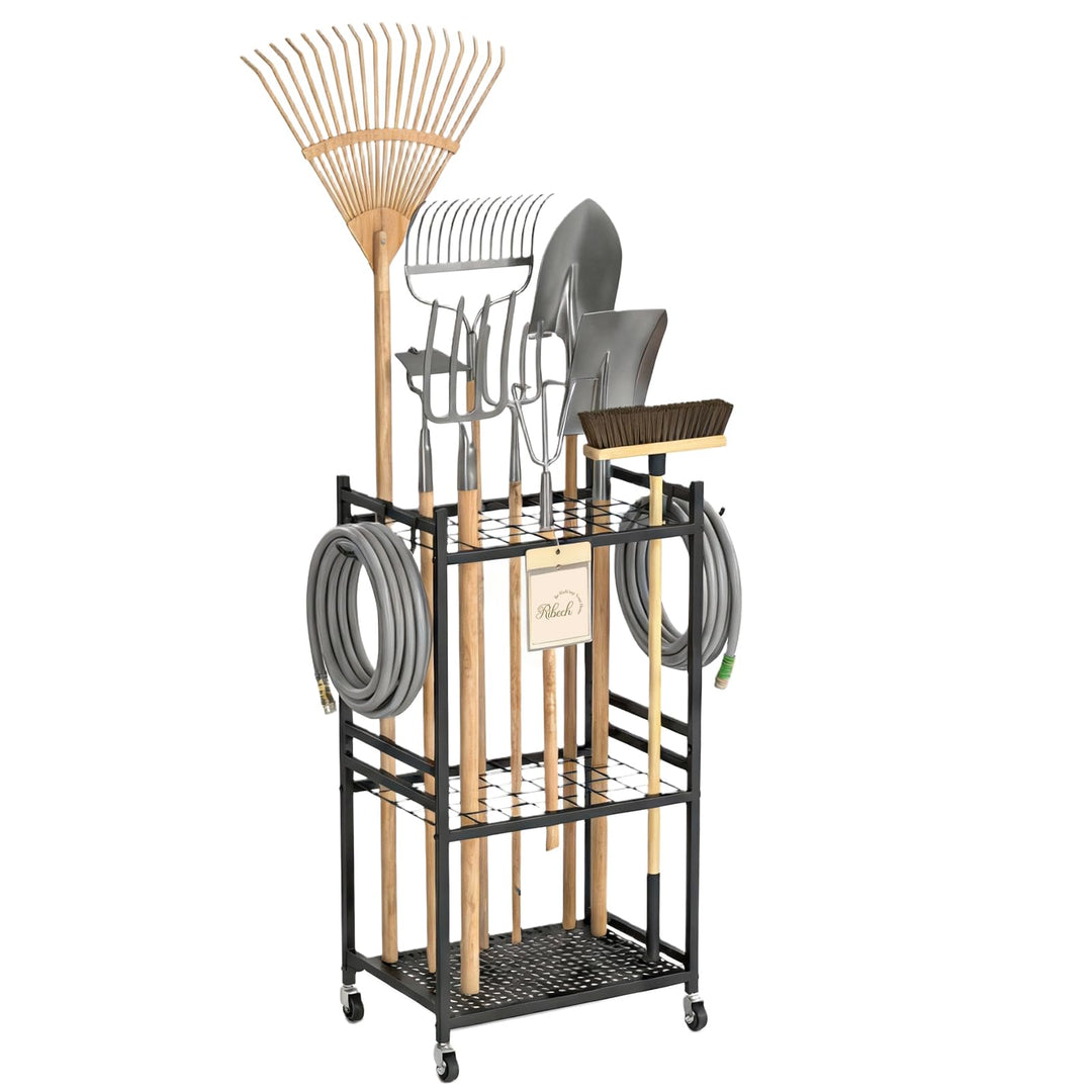 Garten-Werkzeugständer mit Rollen, 35 Gerätehalter, 3 Ebenen Metallregal, 43 x 30 x 79,4 cm, Schwarz