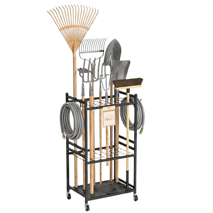 Garten-Werkzeugständer mit Rollen, 35 Gerätehalter, 3 Ebenen Metallregal, 43 x 30 x 79,4 cm, Schwarz