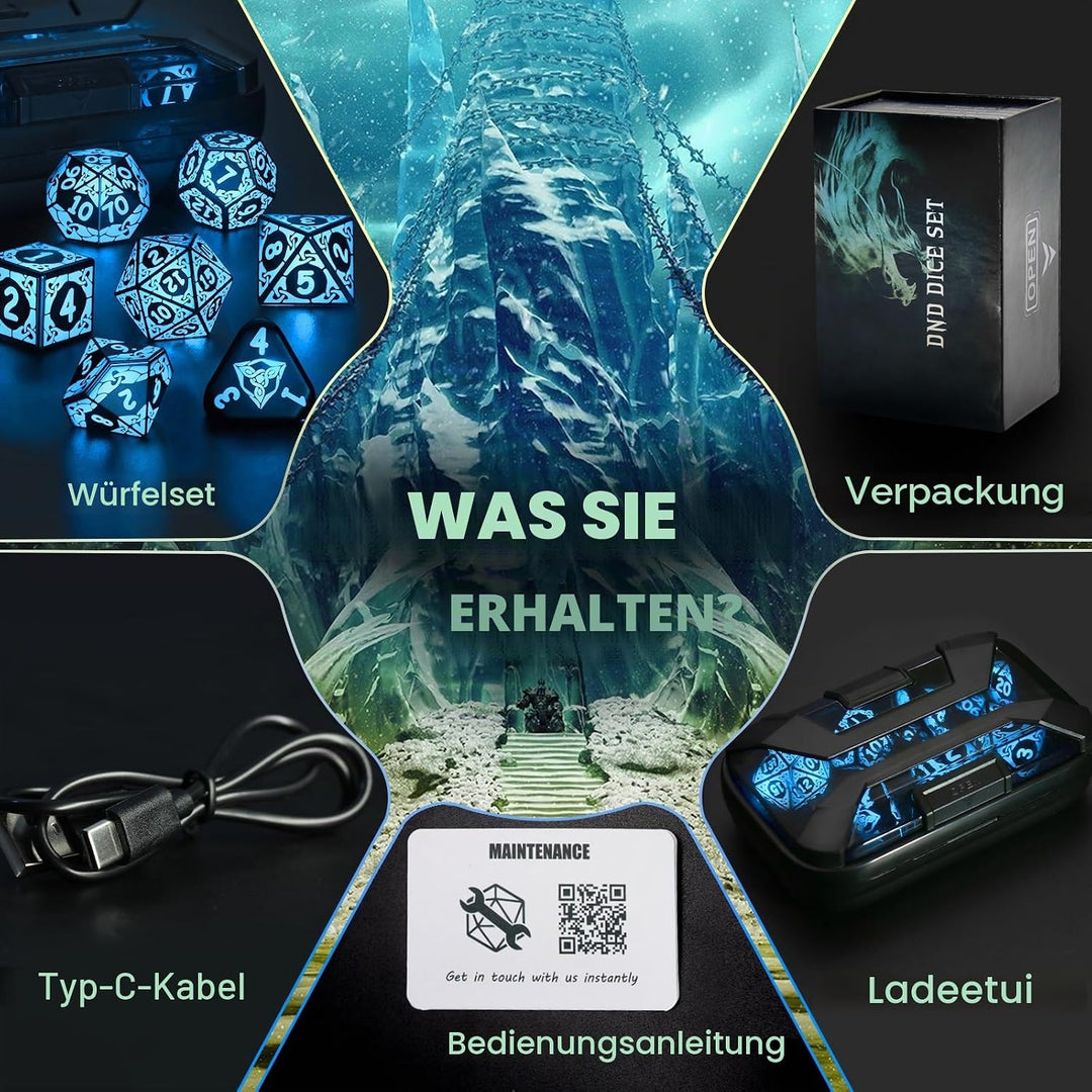ZHOORQI DND Würfel Set, 7 Pcs LED Dice Wiederaufladbar mit Ladebox, Dungeons and Dragons Würfelset P