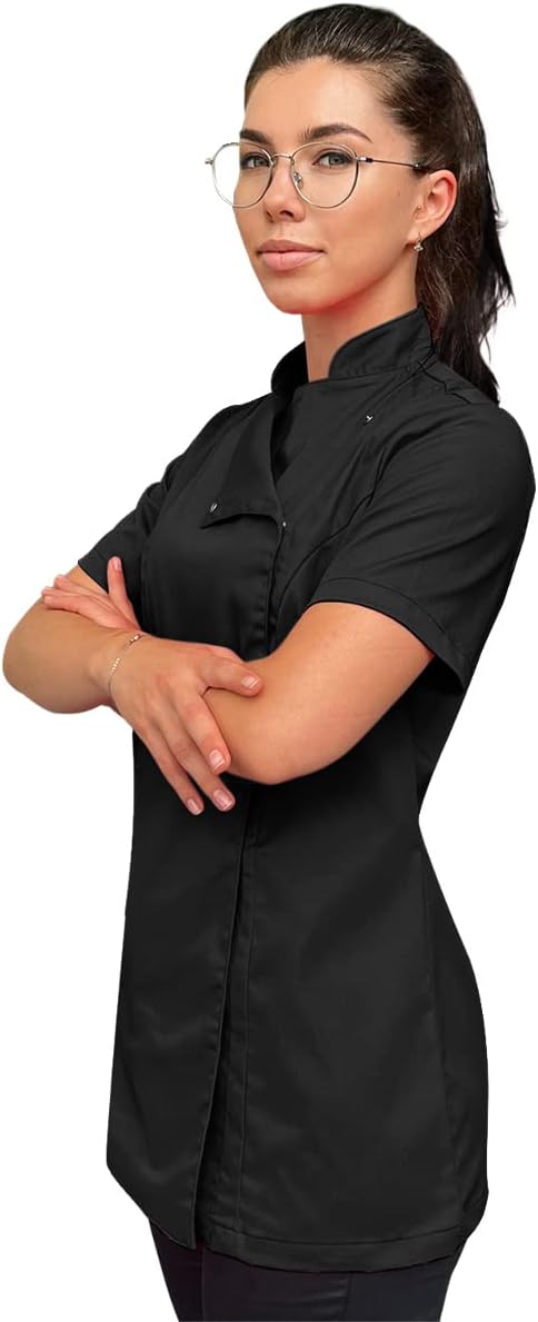 strongAnt Kochjacke Damen Kurzarm Stretch mit Druckknöpfen oder Reissverschluss Kochuniform M Schwar