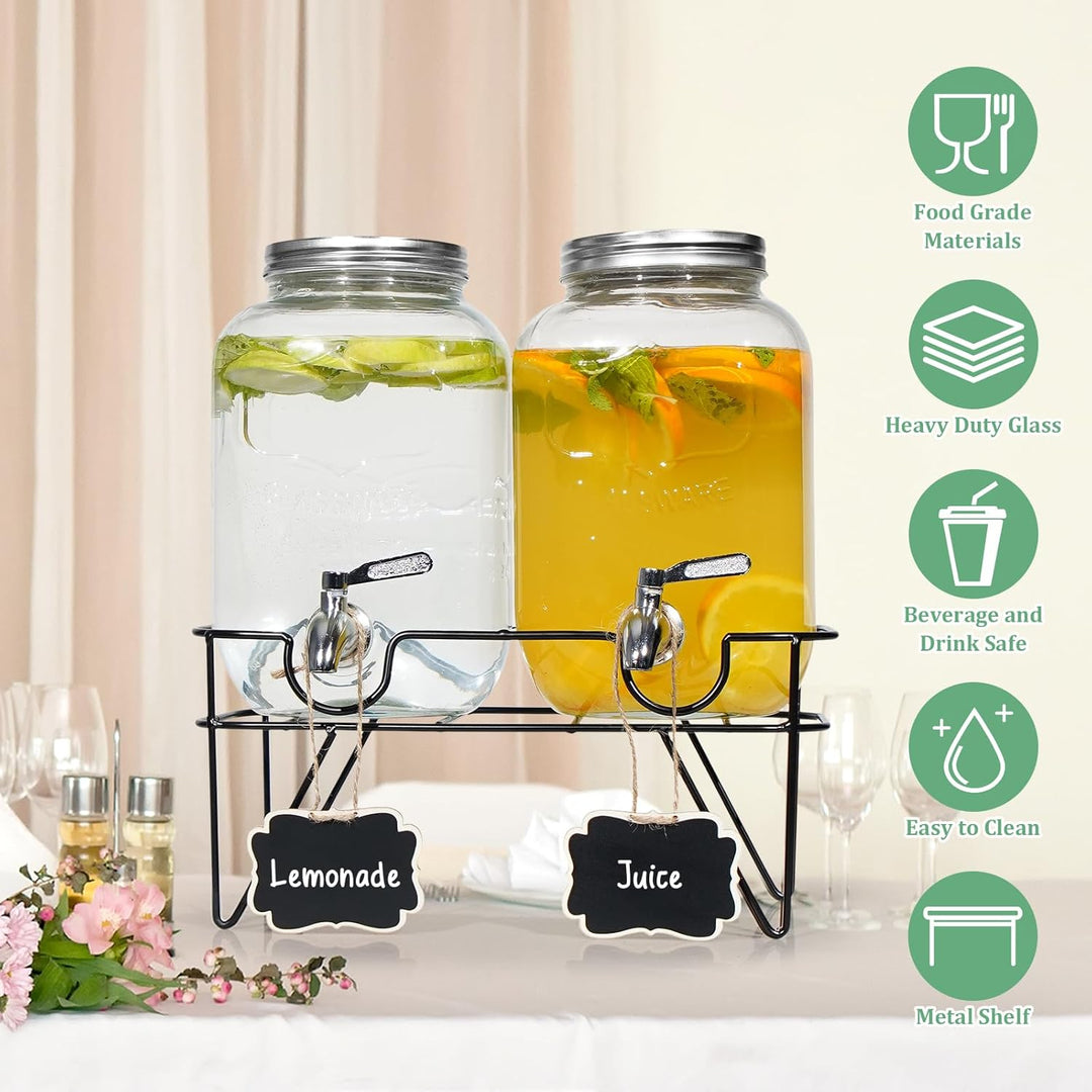 2 x 4L Glas Getränkespender, Getränkespender mit Rostfreiem Wasserhahn, Glas-Wasser-Saft-Spender mit