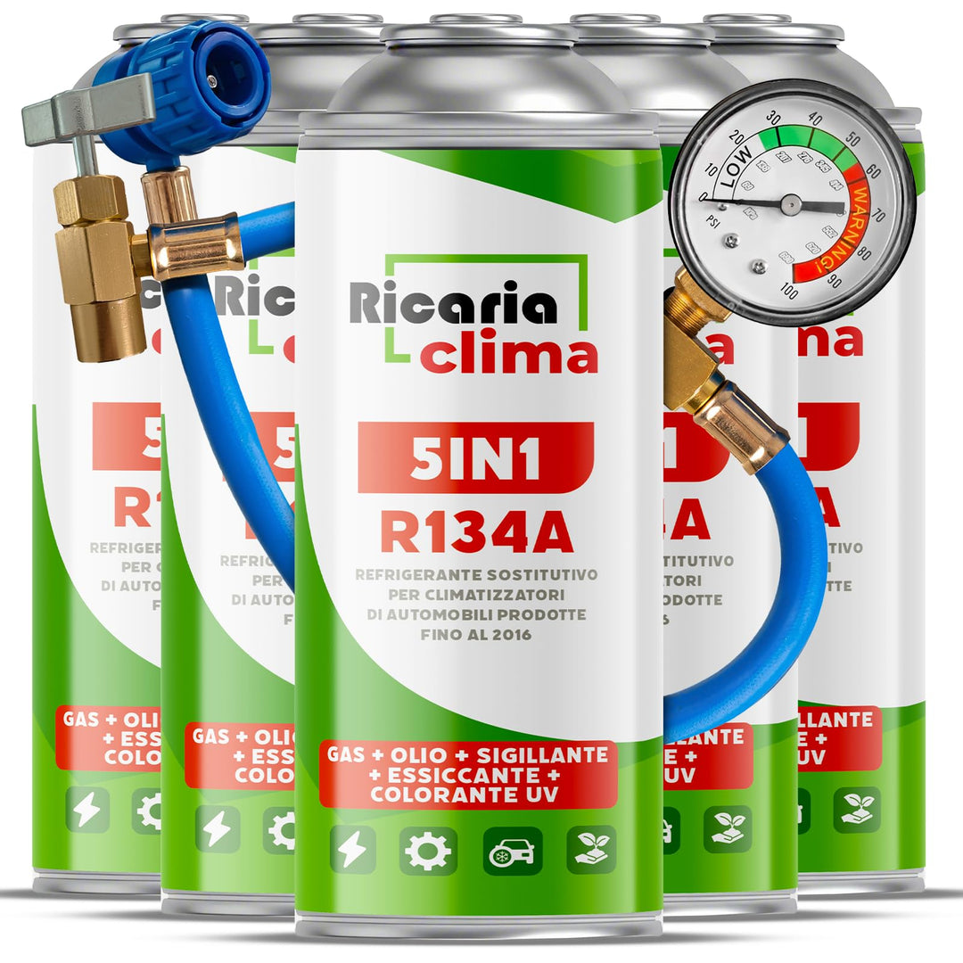 5in1 - Kältemittel R134a x 5 + Schlauch, 235g Jede Dose für Auto Klimaanlage mit Öl, Dichtungsmittel