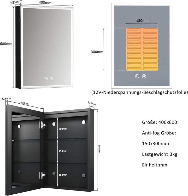 Boromal Spiegelschrank Bad mit Beleuchtung Schwarz Spiegelschrank mit Beleuchtung Metall LED Badezim
