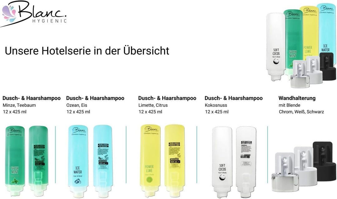 SET: Professionelles Shampoo-Duschgel-Set –12x425 ml–verschied. Düfte+4x Hlterung in verschied. Farb