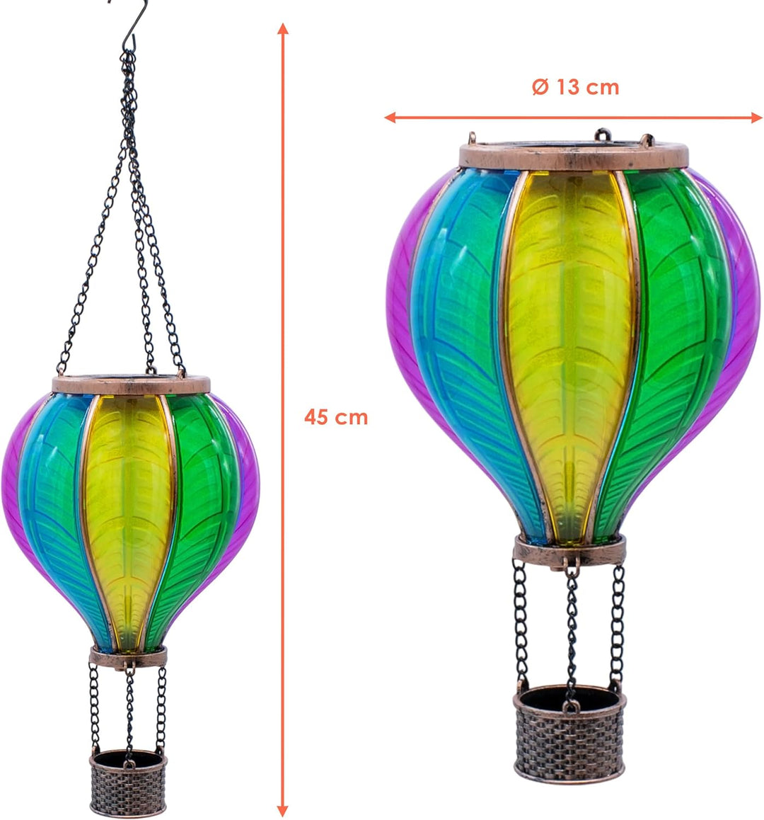 Solar LED Heissluftballon Lampe bunt zum Hängen - 45 cm - Garten Lichtspiel mit Flammen Effekt warm