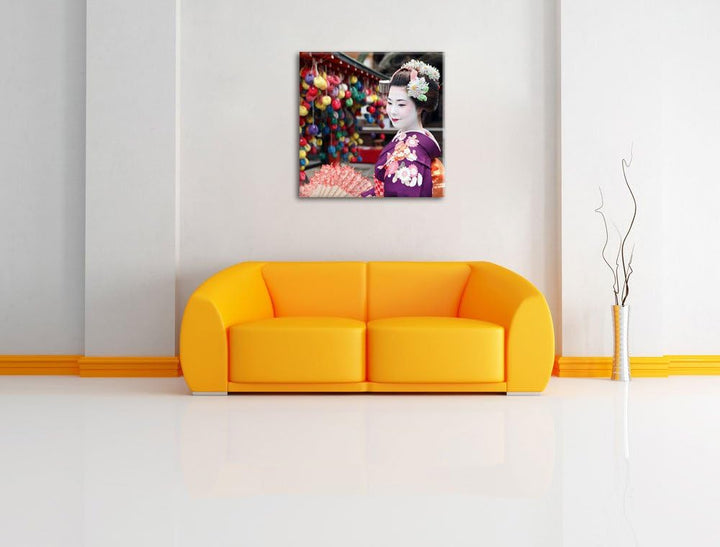 Anmutige Geisha mit Fächer, Format: 70x70 auf Leinwand, XXL riesige Bilder fertig gerahmt mit Keilra