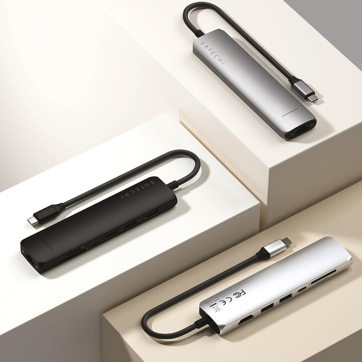 SATECHI 7-in-1 USB-C Hub Slim Plus, HDMI 4K mit 60Hz, 100W PD, 2X USB-A, Ethernet, SD/MicroSD – Für