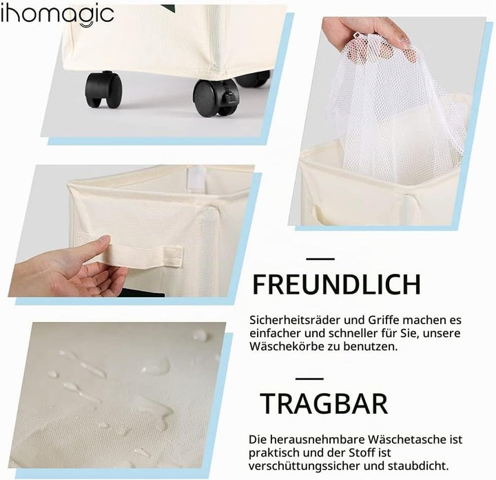 IHOMAGIC 62L Schmale Wäschesack mit Rollen - Hoher Wäschekorb mit Abnehmbaren Wäschesäcken, Grossen