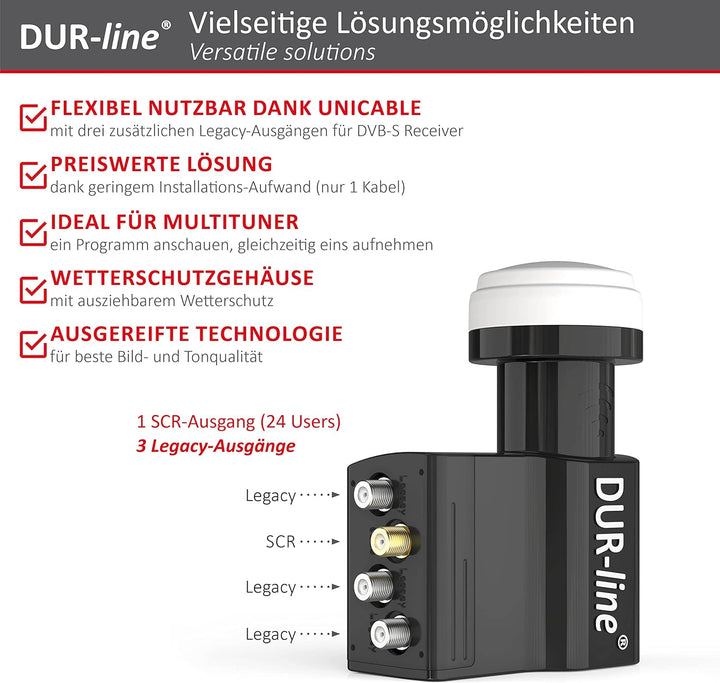 DUR-line UK 124-3L - 24x Unicable +3X Legacy - dCSS LNB - Einkabelsystem für 27 Teilnehmer - Wetterf