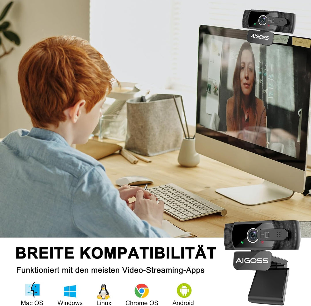 Webcam 1080P mit Mikrofon und Webcam Abdeckung, Stativ, Plug & Play, mit automatischer Lichtkorrektu