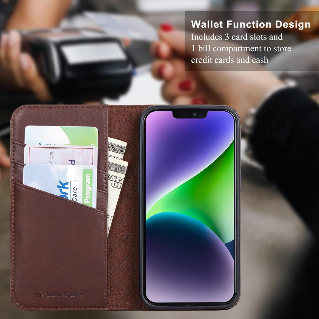 VISOUL Hülle für iPhone 14 Pro Handyhülle [Echtleder] [Schützt][3 Kartenfächer] [Magnet] [Standfunkt