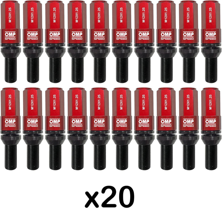 OMP SPEED Set 20 Radschrauben schwarz mit metrischer M12X1.25 Schlüssel 17-19 lang Gewinde 28 mm mit