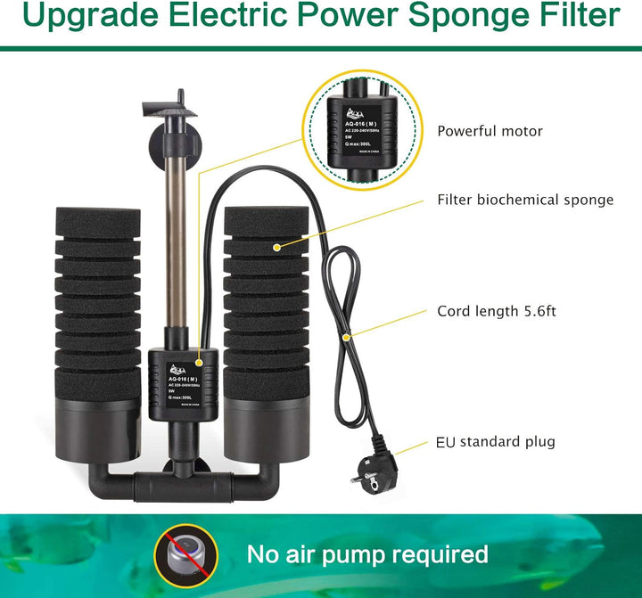 AQQA Aquarium Schwammfilter,3/5W Elektrischer Aquarium Filter,Leiser Tauchschaum Doppelschwammfilter