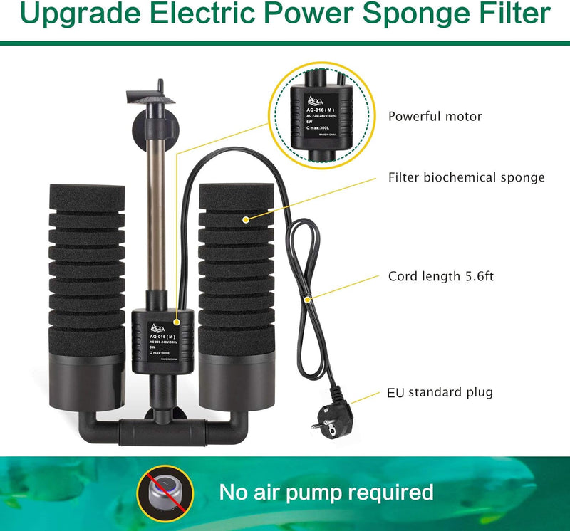 AQQA Aquarium Schwammfilter,3/5W Elektrischer Aquarium Filter,Leiser Tauchschaum Doppelschwammfilter