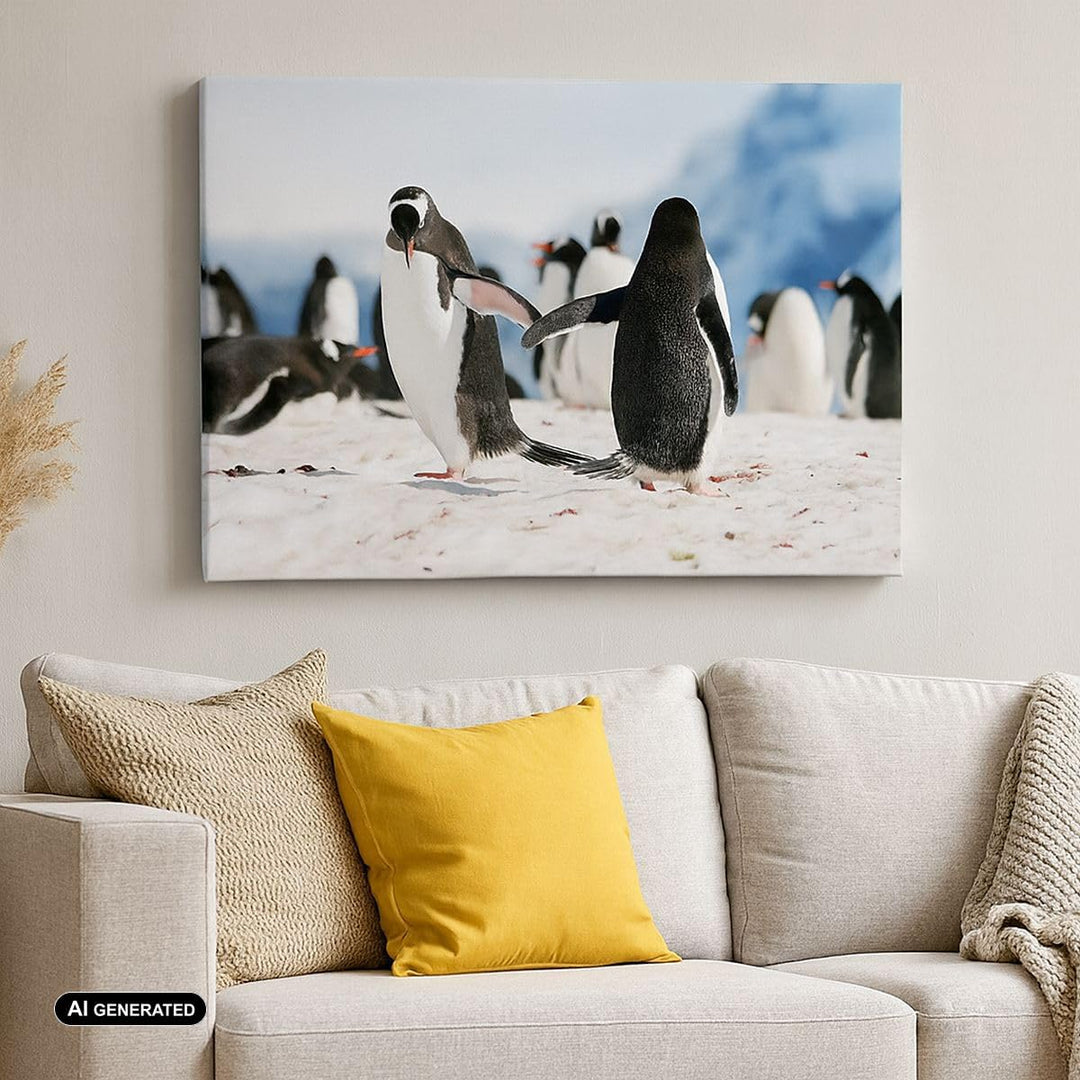 Bilder auf Leinwand 100x70cm Leinwandbild Pinguine Winter Natur Schnee Gross Wanddeko Bild Schlafzim