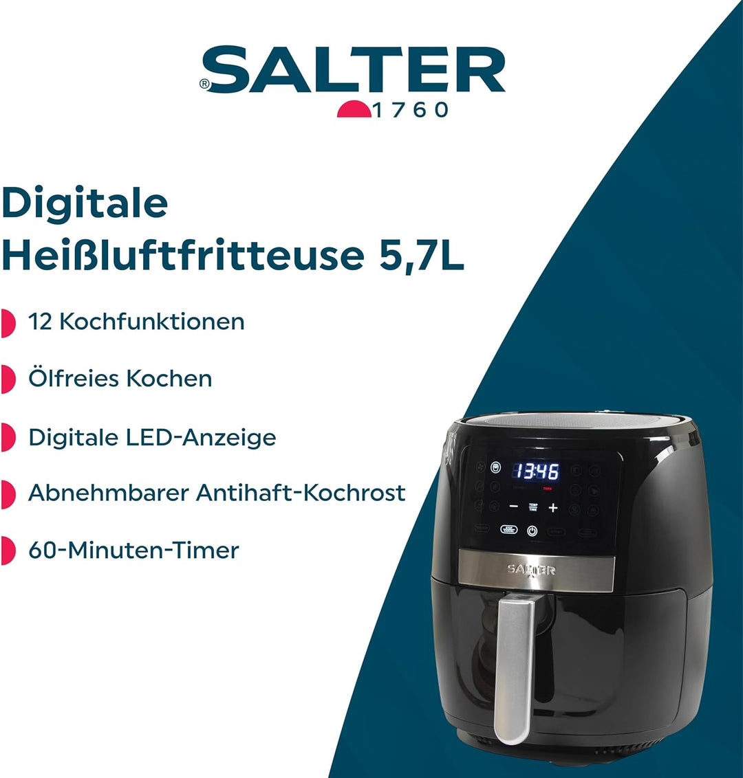 Salter EK6179VDE Digitale Heissluftfritteuse – 5,7 l ölfreie Fritteuse, 12 Kochfunktionen, wenig ode