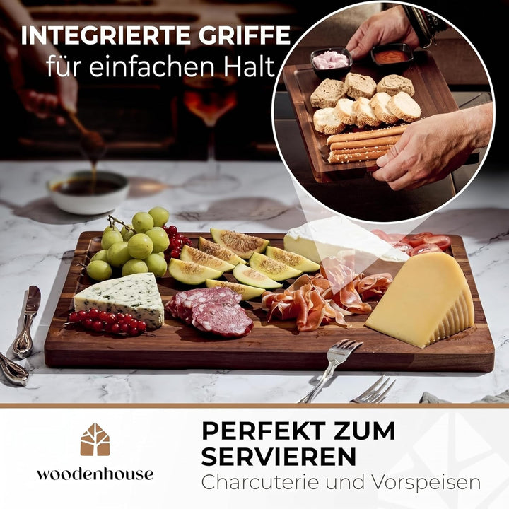 Akazienholz Schneidebrett Set Mit Ständer, 3er Set - Premium Akazienholz, Langlebig Holzbrett Küche