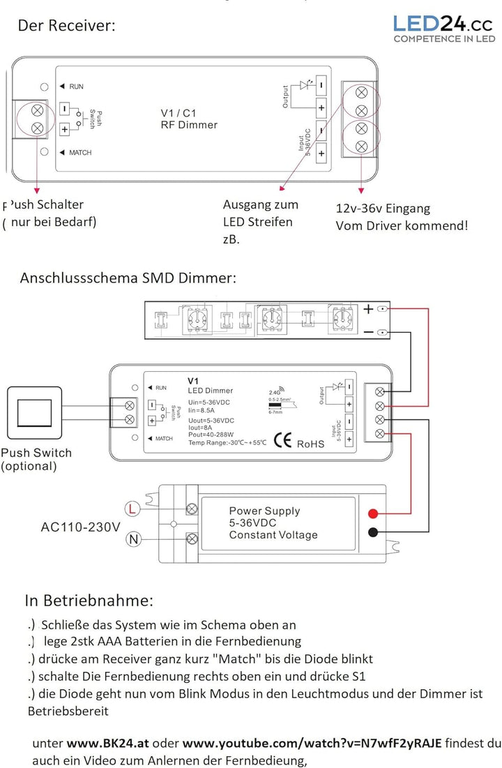 LEDmich SMD LED Streifen Funk Dimmer 2,4 GHz mit Empfänger und Touch Pin Fernbedienung 12V 24V Dimmb
