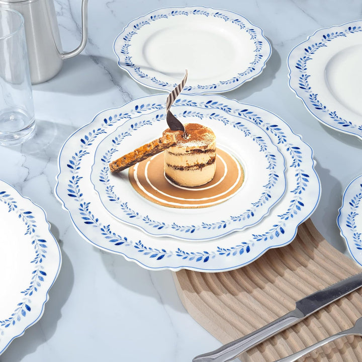 fanquare 4 Stück Frühstücksteller Dessertteller Teller Flach 21 cm, Blaue Blätter Muster Kuchentelle