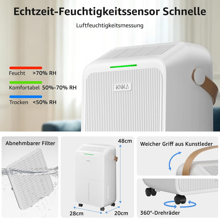 KNKA Luftentfeuchter, 16 L/T, Energiesparender Entfeuchter, Leiser Raumentfeuchter, 3,3 L Wassertank