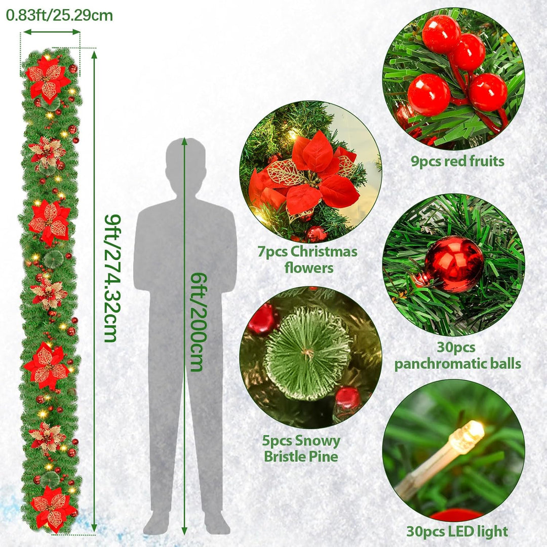 Tannengirlande mit Beleuchtung - 270cm Weihnachtsgirlande mit Beleuchtung 4m 30pcs Warmen LED Lichte
