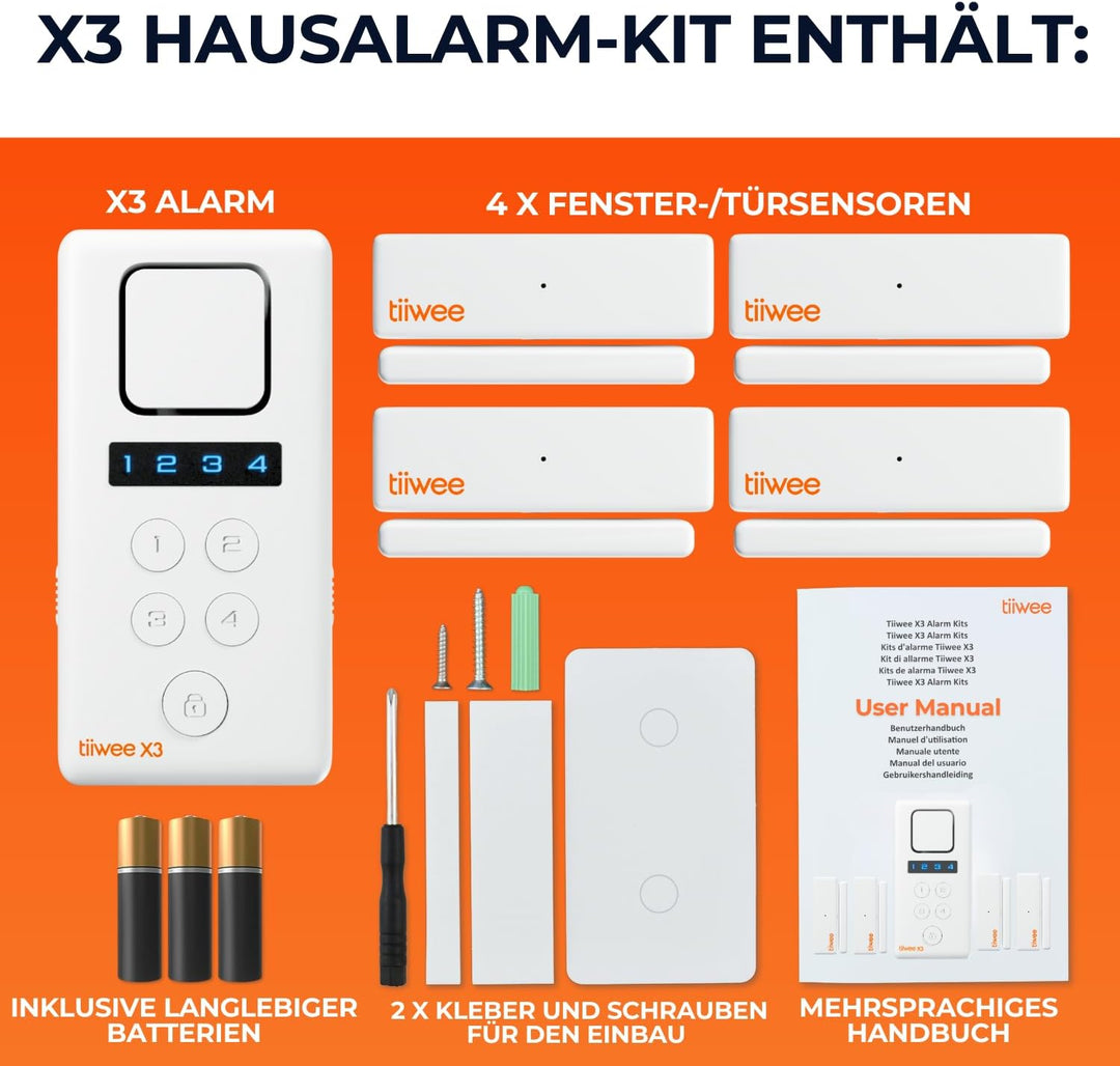 tiiwee X3 Alarmanlage für das Haus - Komplette Alarmanlage mit X3-Sirene, 4 Fenster- &amp; Tür Sensoren