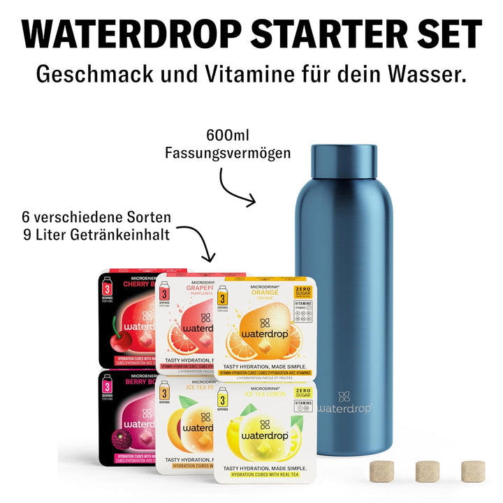 waterdrop® Starter Set - 600ml Trinkflasche mit Geschmack inkl. 18 zuckerfreie Drops - Geschenk für