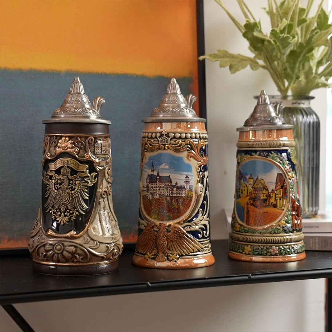 NENBOLEC Bierkrug mit Zinndeckel Bierseidel Steinkrug Gravur Deutsch Zinnwappen Beer Stein 0.9L