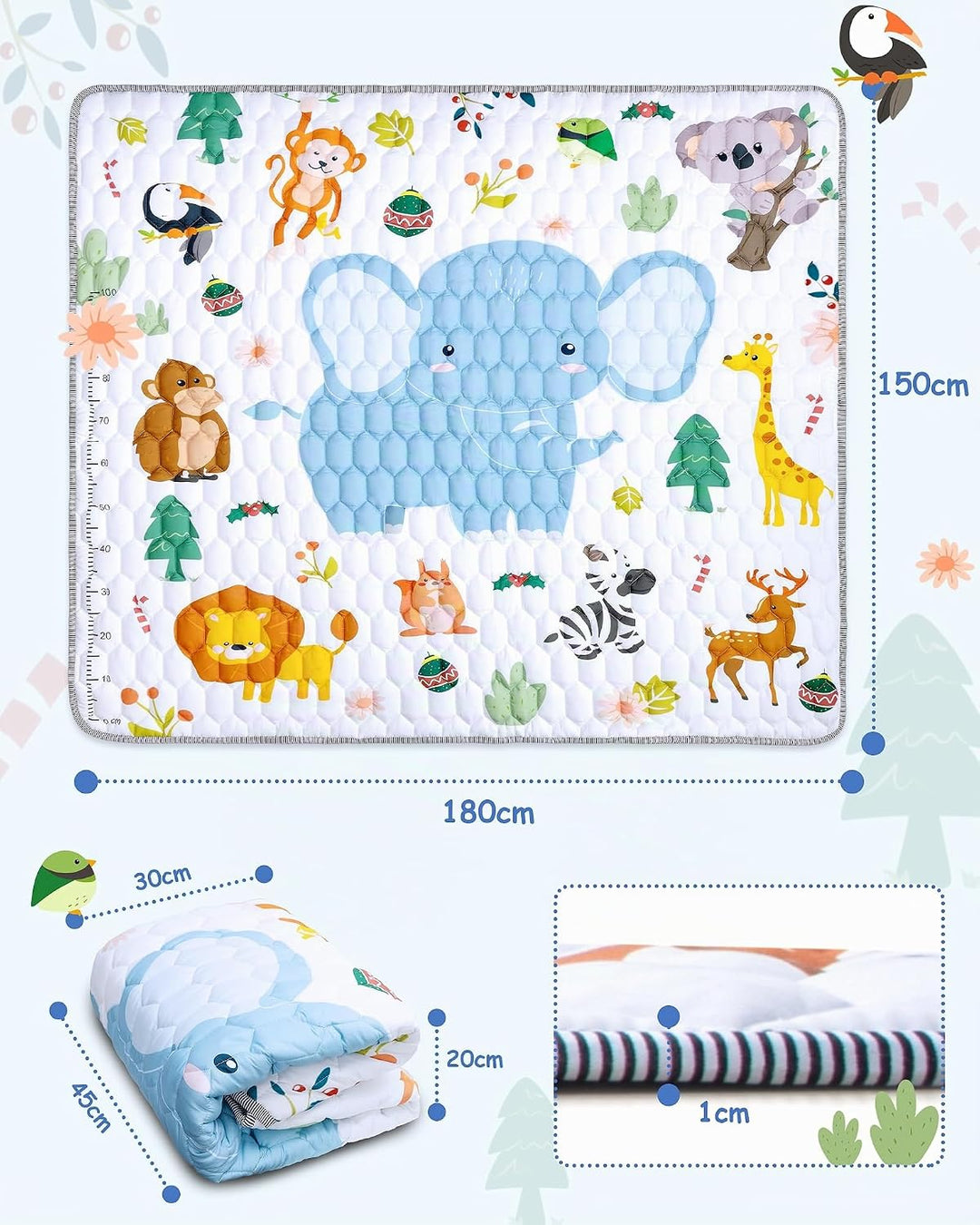 Krabbelteppich für Baby, Rutschfeste Baby Spielmatte Schadstofffrei 180x150cm, Baumwolle Tier Krabbe