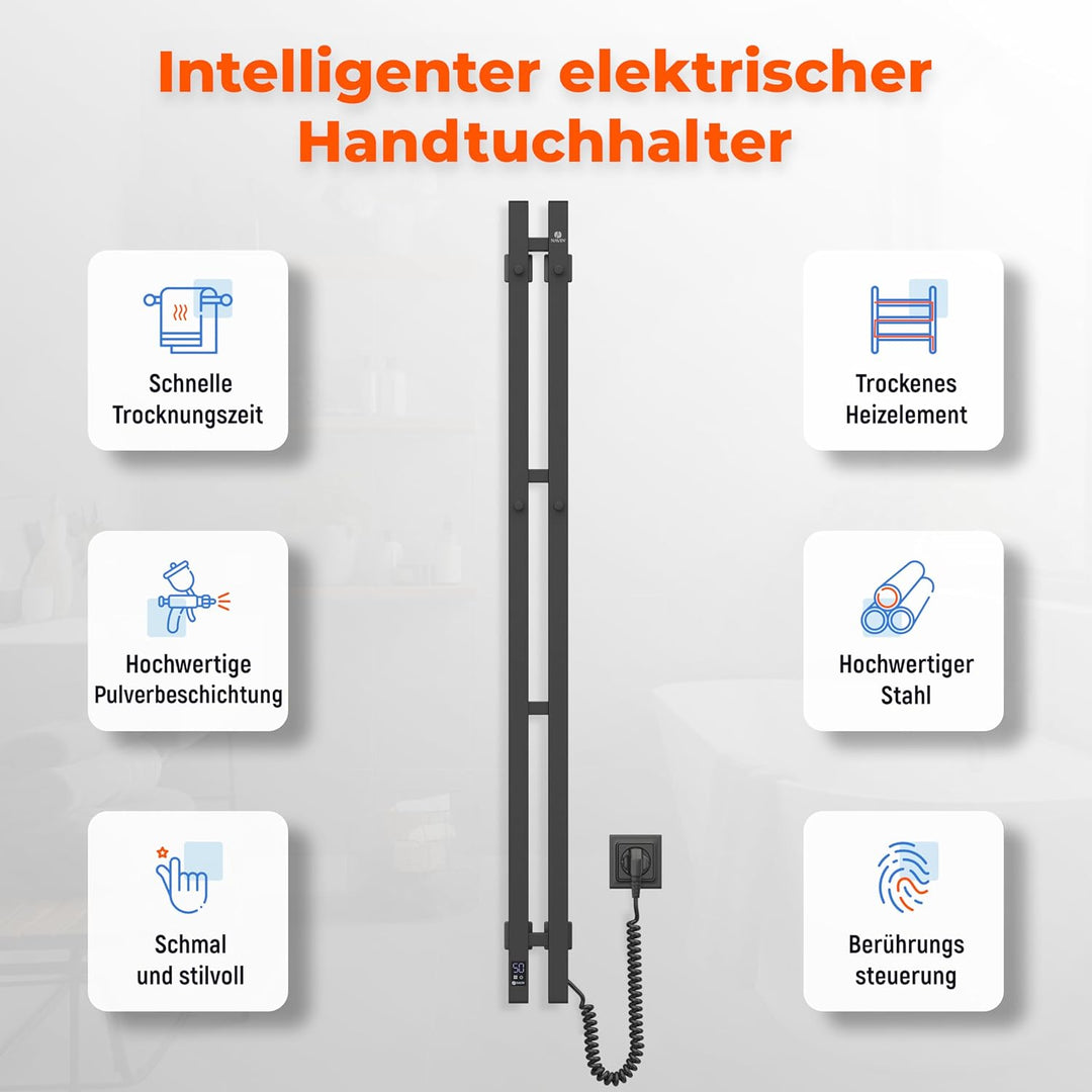 NAVIN Elektrischer Handtuchtrockner Silouette Quadro 90x1200 mit Sensorsteuerung - Schwarz aus hochw