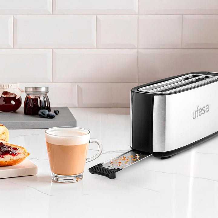 Ufesa Toaster Toastie Duo Plus 1400W aus Edelstahl, 2 Lange Schlitze, 7 Leistungsstufen, Funktionen