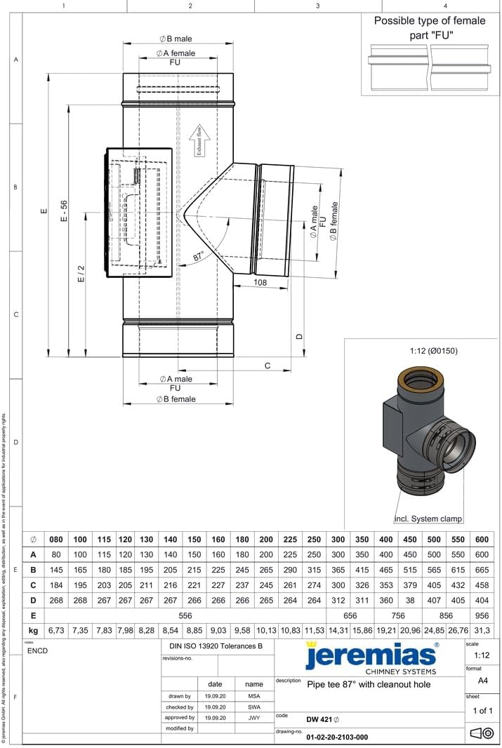 Jeremias DW-FU T-Anschluss 250 mm 87 Grad Edelstahl doppelwandig Abgassystem mit Revision gleiche Hö
