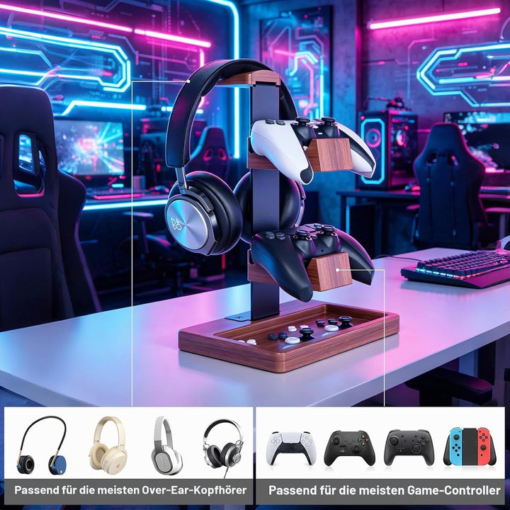 Controller und Kopfhörer Ständer aus Massivholz, Kopfhörer Halterung Halter aus Holz, Headset Stände